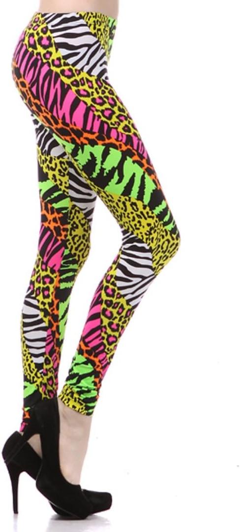Multi Color Animal Print Bright Leggings 1980s Pants Zebra Cheetah Costume (Large)