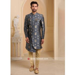 Rajwadi Designer Jacquard Silk Indowestern In Grey Color, Size 38 EU