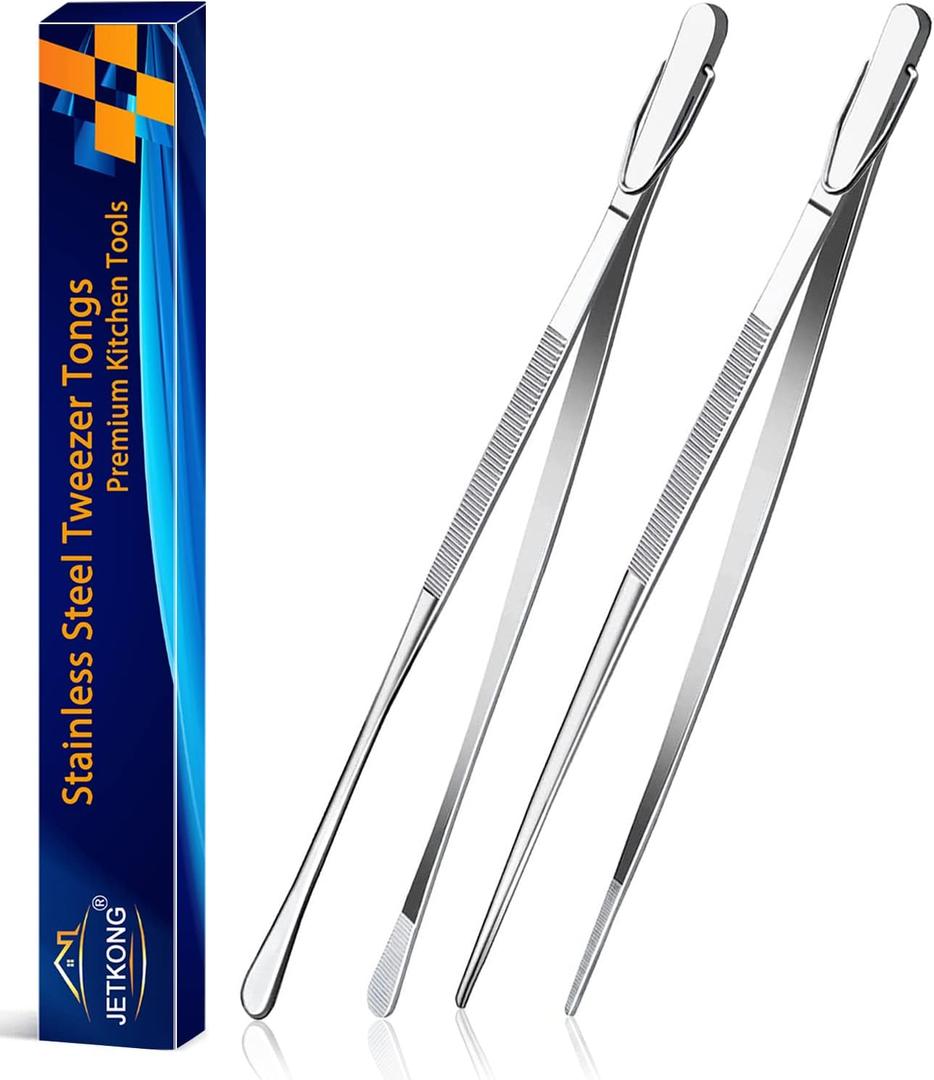 JETKONG 2 Pcs 12-Inch Kitchen Tweezers Fine Tweezer Tongs, Extra-Long Stainless Steel Cooking Tweezers (Silver) (12+12 Inch)