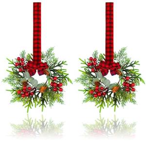 Small Christmas Wreath - 2Pcs Mini Wreaths with Red Berry Pine Eucalyptus for Kitchen Window Decor Small Farmhouse Wreaths Garland for Indoor Home Cabinet Decorations