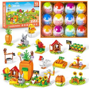 Easter Gifts Building Set for Kids -12-in-1 Bunny Carrot House Building Toy with Prefilled Eggs, Fun Easter Basket Stuffer & Decorations for Boys & Girls 6+, Rabbit Farm Life with Hen, Sheep, Flower