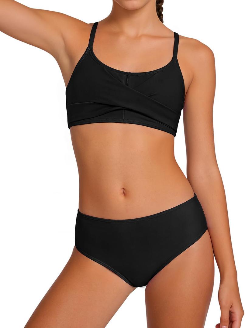 Century Star Girls Swimsuits for Teens Bikini 2025 Solid Teen Bathing Suits Adjustable Straps Swimwear Padded Black 12-13 Years