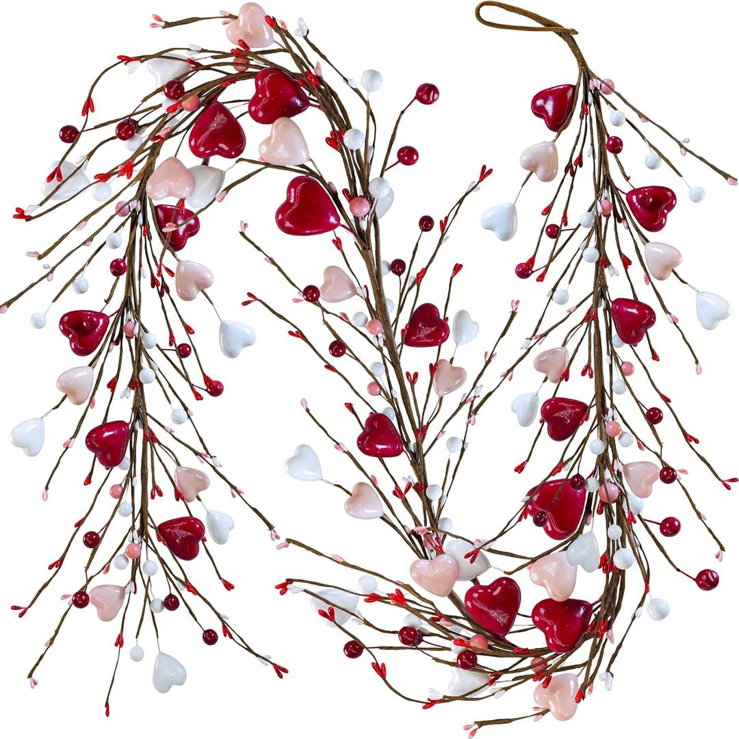 Winlyn 5.2 Ft Valentine's Day Garland with Heart and Berry Red Pink White Artificial Heart Berry Spring Garland for Valentine Party Holiday Wedding Fireplace Mantel Front Door Table Dcor
