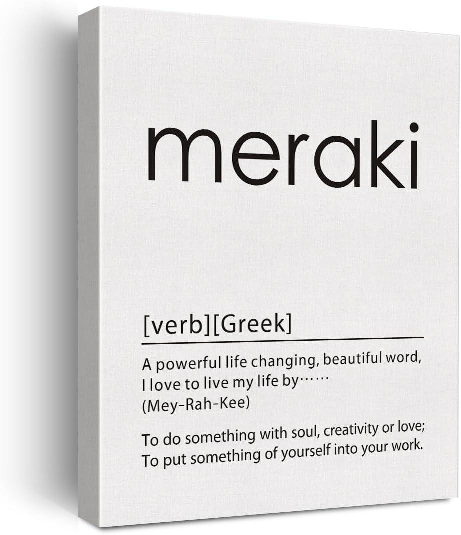 BIQRP Greek Art Meraki Definition Print Canvas Wall Art Home Office Decor Modern Greek Themed Life Quote Painting Canvas Poster Framed Ready to Hang Artwork, 11.5 X 15 Inch