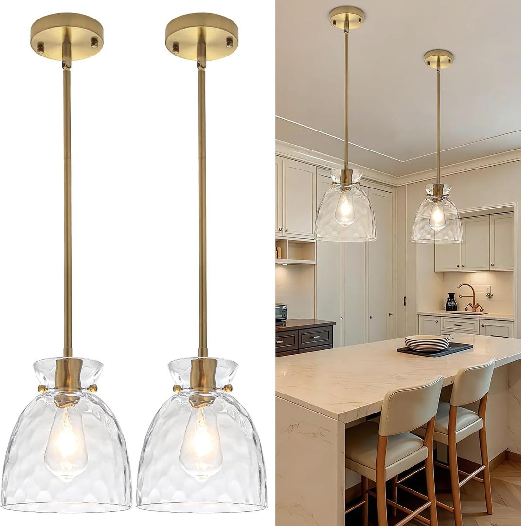 Gold Pendant Lights Kitchen Island 2 Pack, Modern Brushed Gold Pendant Light Fixtures with Hammered Clear Glass, Adjustable Hanging Light Small Island Lights for Kitchen, Sink, Dining Room, 7.5Inch