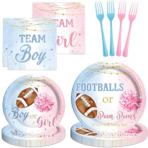 Football or Pom Poms Gender Reveal Decorations Tableware Set, Baby Gender Reveal Party Supplies with Touchdown Boy or Girl Plates, Napkins, Forks, Serves 24 Guests