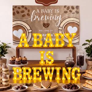 Honoson 14 Piece a Baby Is Brewing Baby Shower Decorations Set LED Letter Lights Sign, Coffee Themed Gender Reveal Table Centerpieces for Welcome Boy Girl Diaper Gender Party Supplies