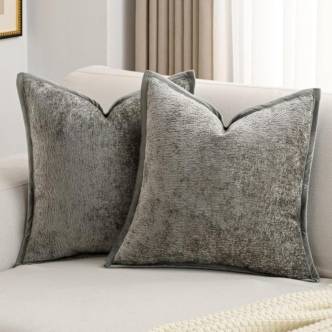 FUTEI Grey Chenille Throw Pillow Covers 24x24 Inch Set of 2,Soft Cozy Bound Edge Design European Cushion Cover,Home Decor for Couch Bed Living Room