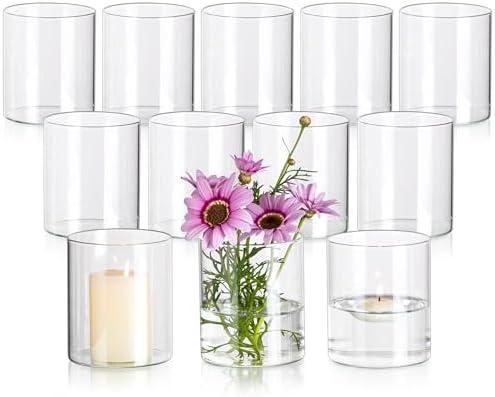 Glasseam Glass Cylinder Vases for Centerpieces, Small Clear Flower Vase Set of 11, Modern Floating Candle Vases Decor, Decorative Hurricane Candle Holders for Wedding Dining Table Decorations, 4in