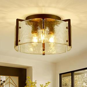 14.2" Drum Semi Flush Mount Ceiling Lights Modern 3-Light Farmhouse Water Ripple Glass Ceiling Light Black Chandelier for Bedroom Hallway Entryway Foyer Laundry Room Kitchen
