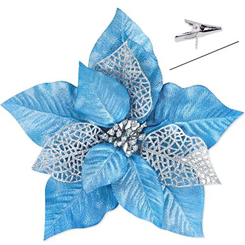 Geefuun 15PCS Christmas Tree Decorations Poinsettias Artificial Flowers Ornaments: Large Size 8.7” Xmas Glitter Flower with Clips Plus Stems (Wathet)
