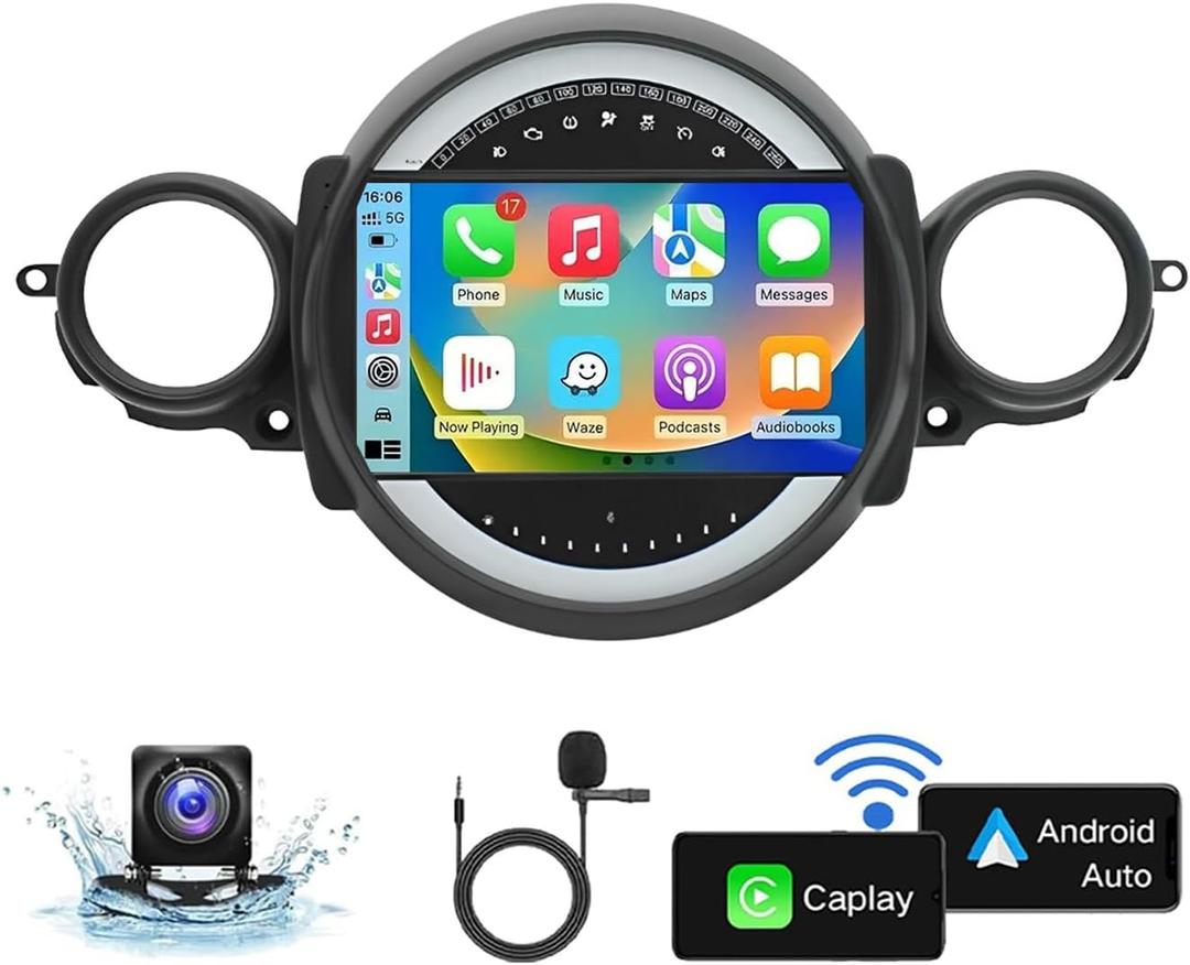 Android 13 Car Stereo Radio for Mini Cooper R56 2007-2014 with Wireless CarPlay/Android Auto, 2+32G, Support DSP Navi/Bluetooth/WiFi/FM/MIC, 9 Inch Touchscreen Radio with AHD Backup Camera