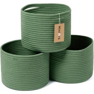 MiniArk Small Basket for Organizing | Cube Shelf Closet Storage Baskets | 9.79.77.1 | Woven Rope Gift Basket | Nursery | Round 3 Packs Green