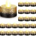 24 Pcs Flameless LED Tea Lights Gold Black Glitter Electric Fake Candles for Centerpieces Battery Operated Anniversary Decorations Romantic Winter Decor for Wedding Festival Christmas Birthday (1.46inch)