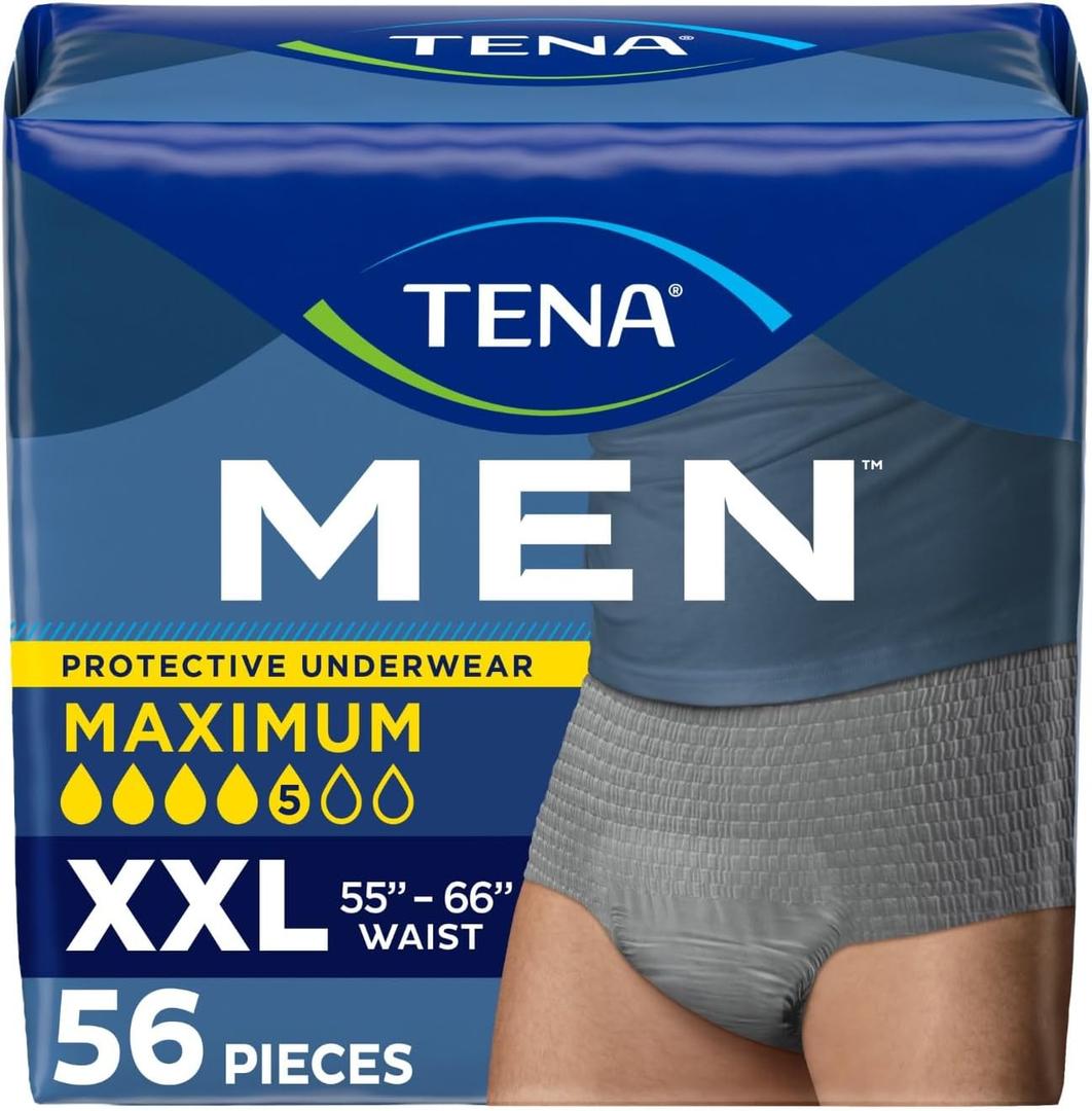 Tena Men Maximum Incontinence Underwear, Grey, XXL 55-66in, 56 ct