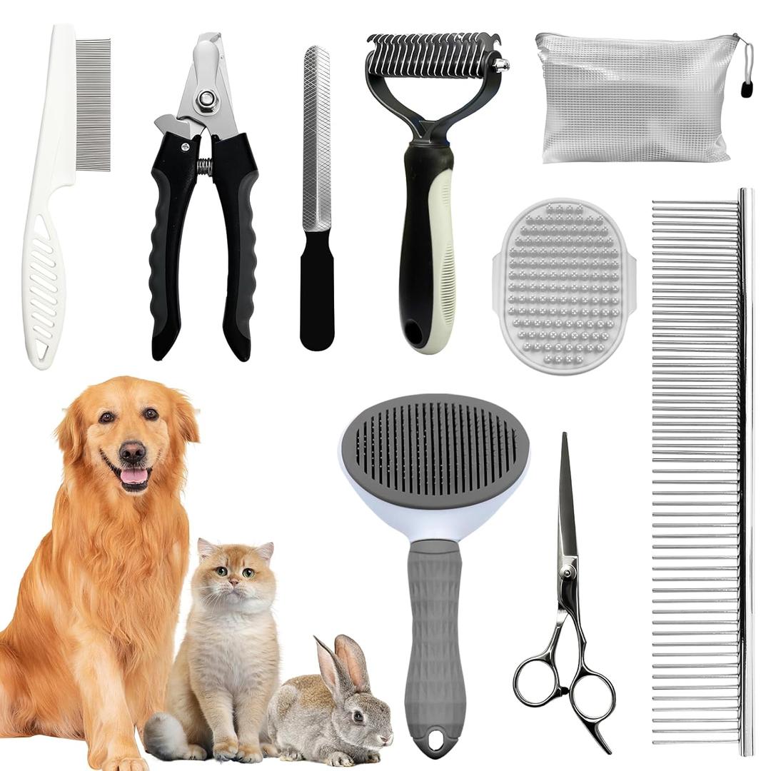 Dog Brush & Grooming Kit  9-Piece Pet Brush & Deshedding Set for Shedding, Bathing, Trimming & Nail Care | Grooming Tools for Dogs & Cats, Includes Comb, Nail Clipper, Scissors, Slicker Brush (Gray)