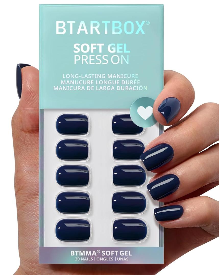 BTArtbox Press On Nails Short - Haunted Sapphire, Dark Blue Navy Press On Nails with Glue for Women, Winter Opaque Soft Gel Glue On Nails in 15 Sizes - 30 Stick On Nails Kit