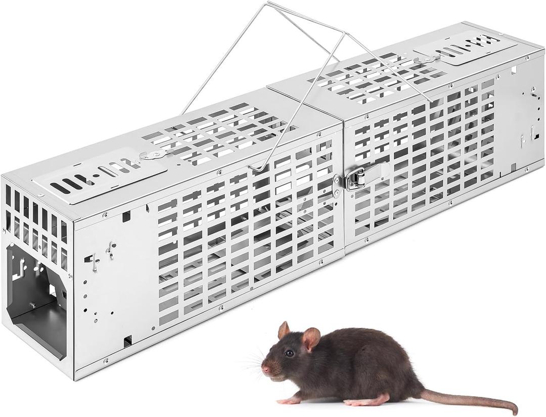 Qualirey 2 in 1 Humane Rat Trap Live Chipmunk Cage 24 x 4.3 x 6.3 in Double Opening Door for Indoor Outdoor Rodent Control Mouse Vole Hamsters Live Cage Reusable Automatic Continuous Cycle Mouse Trap