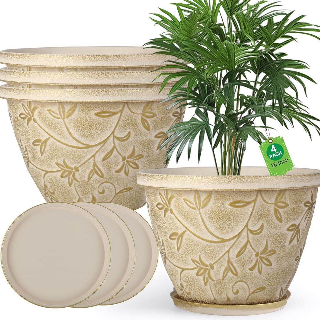 Nooulap 4 Pack 16 Inch Plant Pot with Drainage Hole, Plastic Large Indoor Outdoor Planter, Decorative Flower Pot for Patio, Garden & Front Porch, with Gold Flower Partten (Beige)