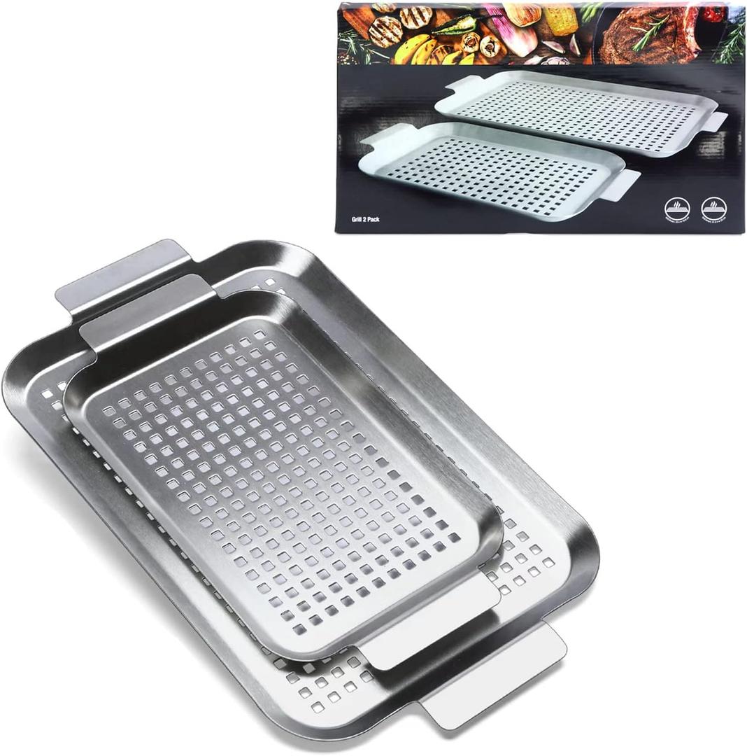 Grill Pan Set of 2, BBQ Grill Topper for Outdoor Grill, Stainless Steel Grilling Baskets with Holes and Handles, Perforated Food Tray Barbecue Accessories for Vegetable, Fish, Large