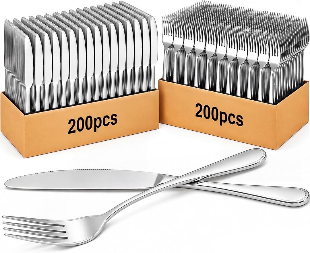 Nuenen 400 Pcs Forks and Knives Stainless Steel Silverware Set 200 Dinner Forks and 200 Knives Flatware Tableware Cutlery Set for Home Restaurant, Mirror Polished, Dishwasher Safe(Silver, Simple)