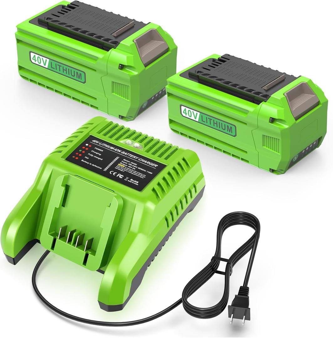 6.0Ah 29472 Replacement for Greenworks 40V Battery and Charger Compatible with Greenworks 40V Lithium-Ion Battery 29462 29252 20202 22262 25312 25322 20642 22272 27062 21242 (2Batteries+Charger)