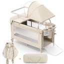 4 in 1 Foldable Pack and Play with Bassinet and Changing Table, Bedside Crib Sleeper with Mattress, Mosquito Net and Toy Bar for Newborn to Toddler, Beige