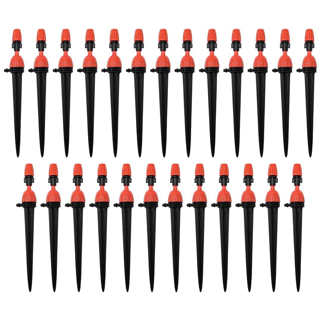 1/4" Drip Irrigation Emitters, 360 Degree Drip Sprinkler Heads, 25 Pack, Plastic, Medium Size, Micro-sprinkler Style, Barbed Fit, Locking Mechanism, Clogging Resistance