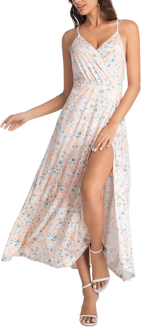 Women's 2025 Summer Maxi Dress Floral Print Split Thigh Cami Strap Casual Boho Beach Flowy Sundress (Large)