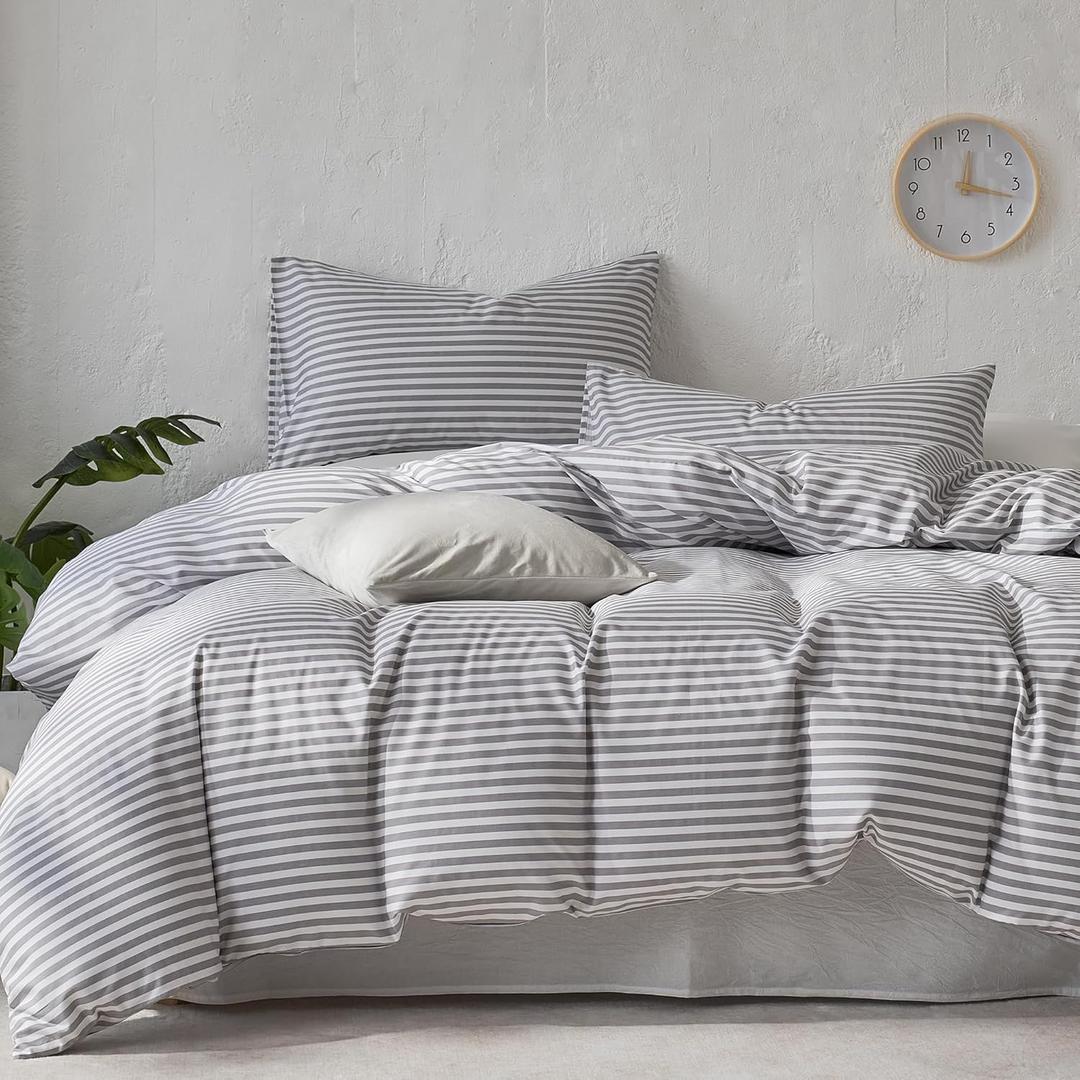 JELLYMONI Striped Duvet Cover Set - King Size Comforter Cover, Classic Grey & White Stripes, 100% Cotton 3 Pcs Bedding with Zipper Closure & 8 Corner Ties for Master or Guest Bedroom
