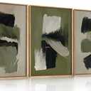 Green Abstract Framed Canvas Wall Art Set, Modern Brush Strokes Wall Decor,Neutral Tone Minimalist Green and Black Color Block Art Print for Living Room,Bedroom,Dining Room, Office-16 x24 x3