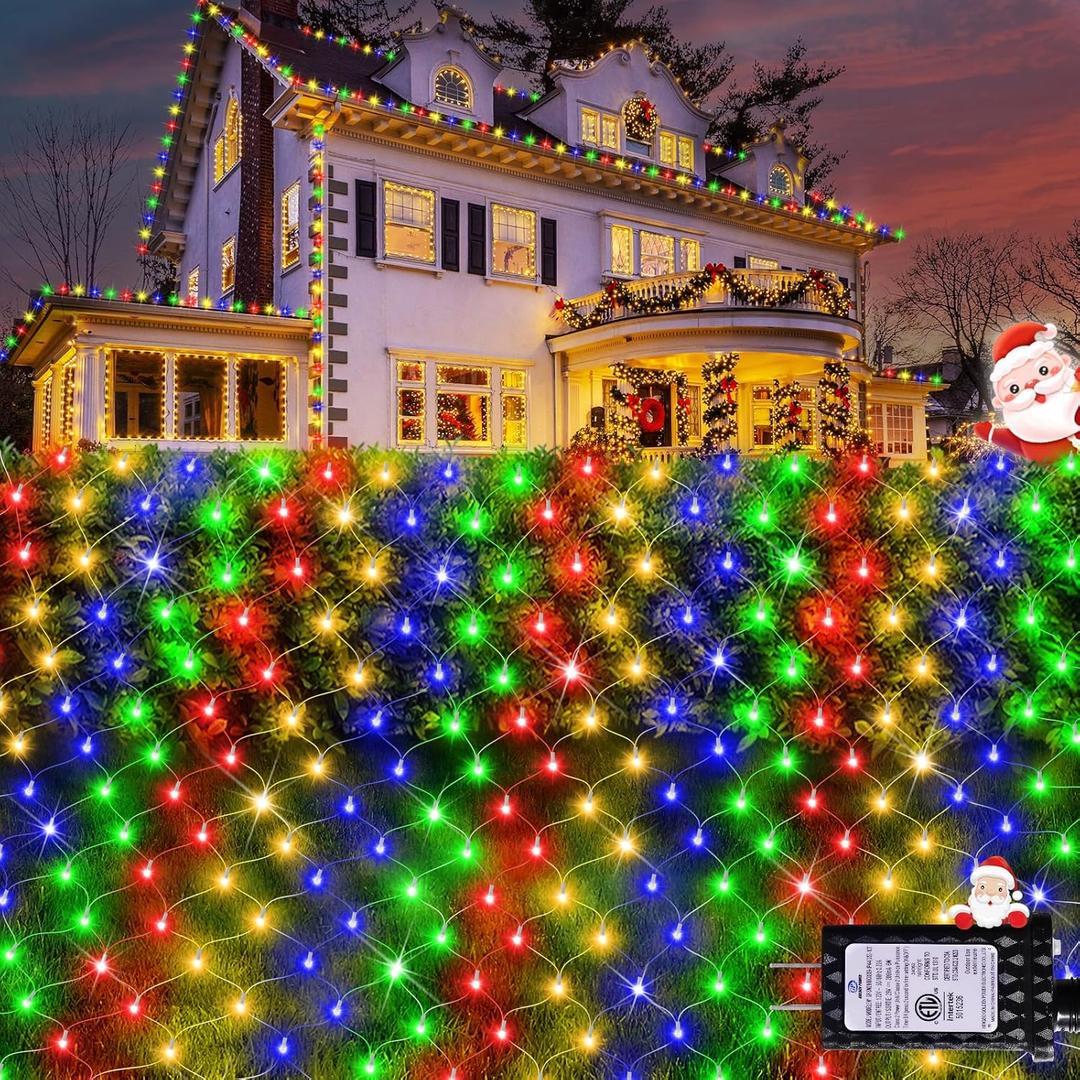 Hezbjiti Christmas Net Lights, 280 LED Mesh Lights 9.8FT x 6.6FT 8 Modes Waterproof Outdoor Christmas Decoration Lights Clear Wire for Xmas Bushes, Trees, Lawn, Yard, Garden Party (Multicolor)