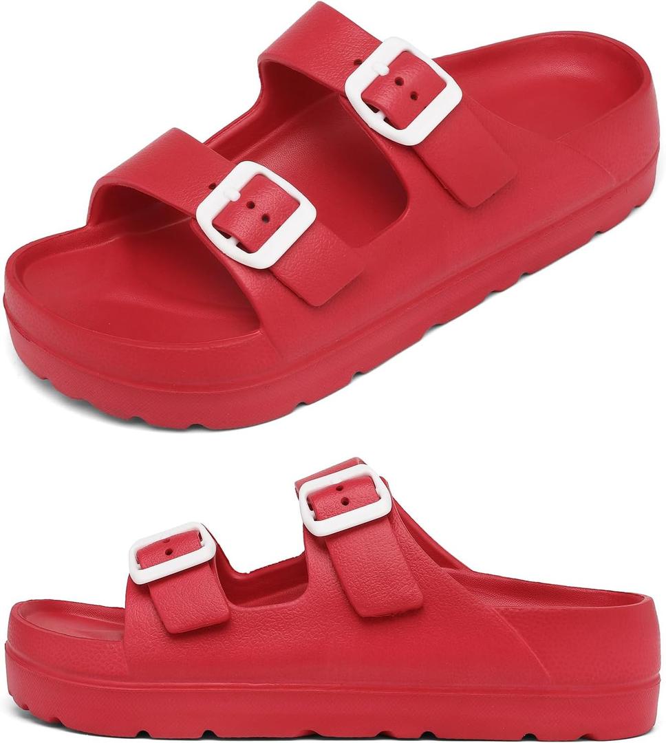 Womens Platform Sandals with Arch Support, Adjustable Buckle Beach Sandal Woman Comfort Lightweight Ultra Cushion EVA Slides (5, Double Buckle-red)