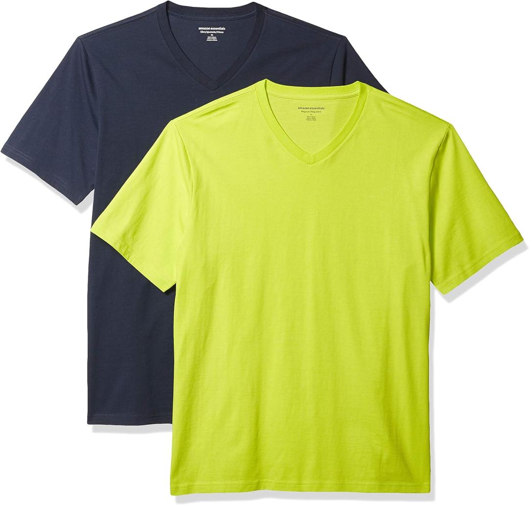 Amazon Essentials Men's 2-Pack Regular-Fit Short-Sleeve V-Neck T-Shirt, Lime/ Dark Navy, Medium