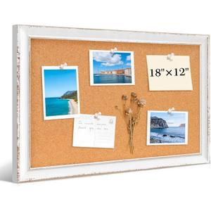 DOLLAR BOSS Distressed White Cork Board, 18"x12" Bulletin Board | Hand-Finished Rustic Frame, Vintage Farmhouse Pin Board, For Office & Home Decor, Includes Pins & Hanging Hardware