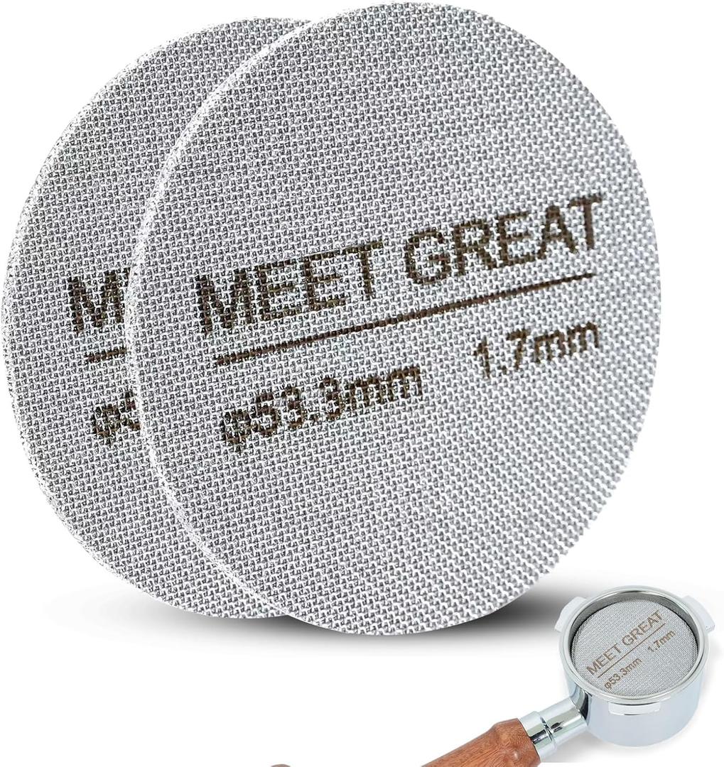Meet Great- 2 Packs 53.3mm Espresso Puck Screen, 1.7mm Thickness 150μm 316L Stainless Steel, Upgraded Reusable Coffee Filter Screen for 54mm Breville Portafilter Filter Basket
