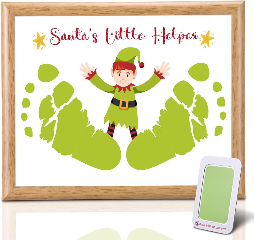 Baby's First Christmas Footprint Craft Newborn Footprint Art Craft DIY Frame Christmas Ornament Kit Wooden Picture Frame Holiday Xmas Gifts 2025, Tabletop Display Memory Keepsake(Elf,Green)