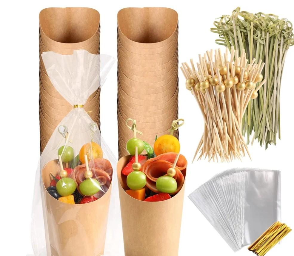 Disposable Charcuterie Cups, Kraft Paper Snack Boxes Appetizers Cup French Fry Holder with Cocktail Skewers Toothpicks Tooth Picks, Brown