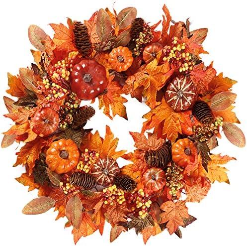 Sggvecsy Fall Wreath - 20'' Autumn Front Door Wreath with Pumpkin, Berries, Maple Leaves, Pine Cones for Indoor/Outdoor Decor