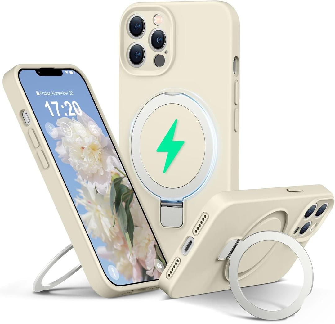 Liquid Silicone Case for iPhone 12 pro MAX with Magnetic Ring Stand, Upgraded Camera Lens Protection, Mil-Grade Drop Shockproof, Anti-Scratch Microfiber Lining Silicone Case (Beige)