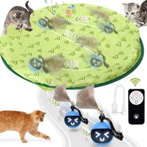 Interactive Cat Toy Ball, Smart Rolling Hide and Seek Cat Toy for Indoor Cats, Remote Control Motion Activated Chirping Hunting Toy in Pouch (Green)
