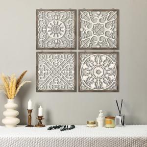 Tatuo 4 Pcs Wood Art Wall Decor Farmhouse Decorative Wood Panels Modern Wall Decor for Living Room Home Kitchen Dining Room (Square,Brown, White)