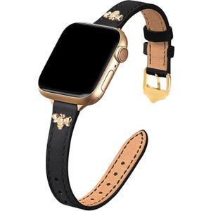 JR.DM Slim Leather Bands Compatible with Apple Watch Band 42mm 44mm 45mm 46mm 49mm, Genuine Leather Band with Charms, Feminine Design for Iwatch Ultra SE Series 11 10 9 8 7 6 5 4 3 2 1 (0 Black & Gold with Bee)