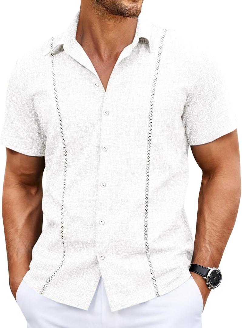 Runcati Mens Short Sleeve Guayabera Shirts Cuban Button Down Casual Shirt (L)