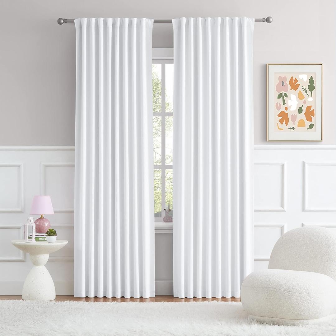 DUALIFE ack Tab/Rod Pocket Bedroom Window Curtains - Pure White Curtains 90 Inches Long, Room Darkening Thermal Insulated Window Treatment Panels 52 x 90 Inch, 2 Panels