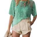 Aimiray Women's Sexy Mesh Tops Short Sleeve Round Neck Lace 3D Printed Floral Sheer Blouse See Through Layering Shirt Tops (Teal)