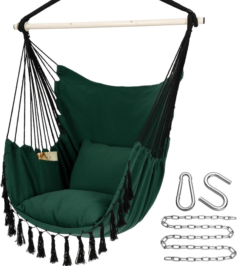 Y- STOP Hammock Chair Hanging Rope Swing, Max 500 Lbs, 2 Cushions Included, Large Macrame Hanging Chair with Pocket for Superior Comfort, with Hardware Kit, Green