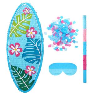 23 Inch Blue Surfboard Piata with Stick Blindfold Confetti, Hawaii Beach Theme Surfboard Piata Red Frangipani Palm Leaves Patterned for Summer Luau Birthday Party Decorations