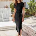 ANRABESS Women's 2026 Summer Maxi Tshirt Dress Short Sleeve Crewneck Tie Waist Casual Slim Fit Slit Spring Long Beach Dresses (Black) M