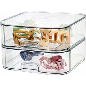 Set of 2 Stackable Storage Drawers - 7.8" Clear Plastic Drawer Storage, Acrylic Makeup Organizer, Desk Counter Cabinet Office Organizer, Bathroom Organizers and Storage (Square/Set of 2)